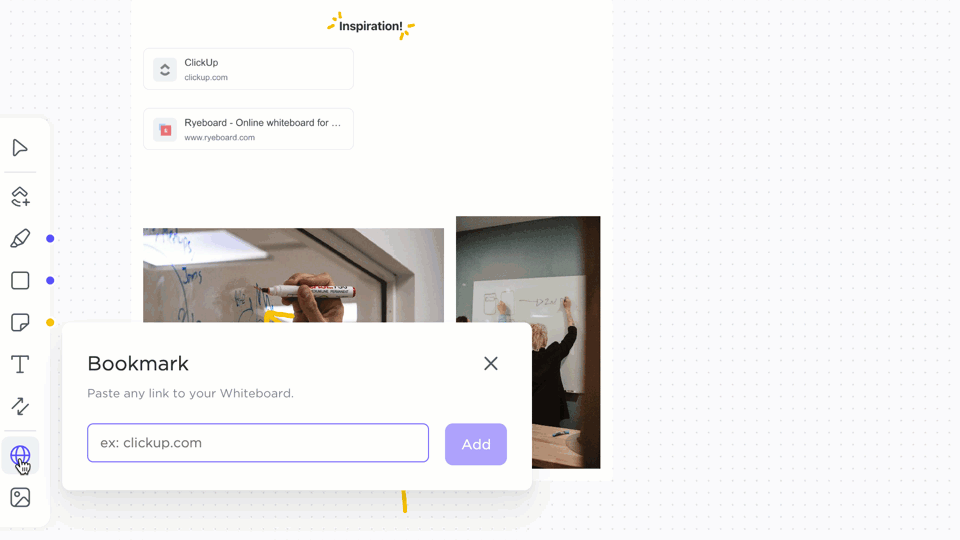 Colaboração em tempo real no quadro branco do ClickUp