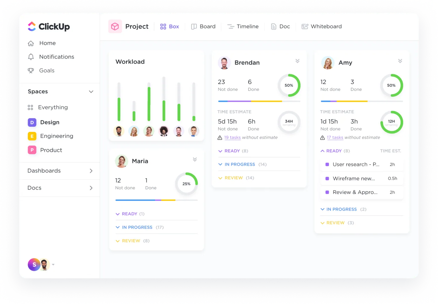 A Visão de Carga de Trabalho do ClickUp fornece insights sobre as métricas do seu projeto para estar um passo à frente.
